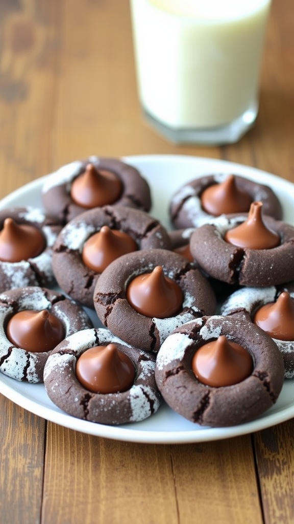A close-up of chocolate thumbprint cookies with Hershey